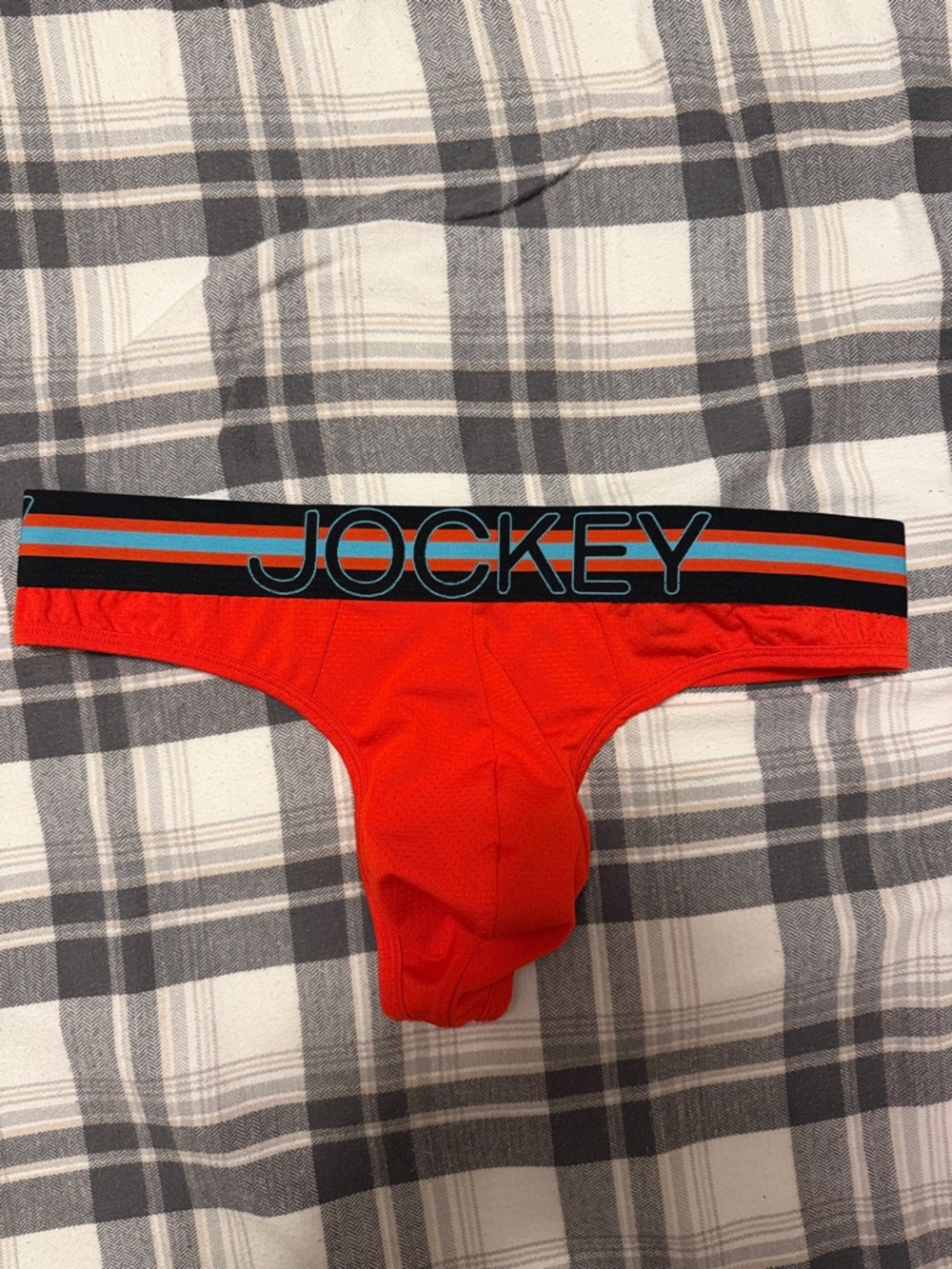 Jockey orange thong with Black and Blue Striped Waistband